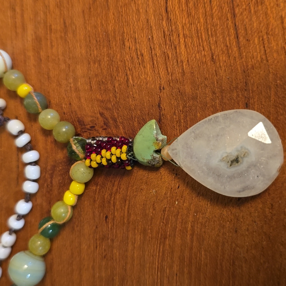 Solar Quartz Turquoise Zuni Bear Peyote stitch necklace
